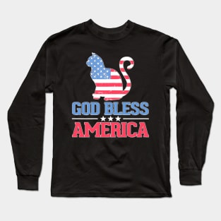 4th Of July God Bless America Cat American Flag Long Sleeve T-Shirt